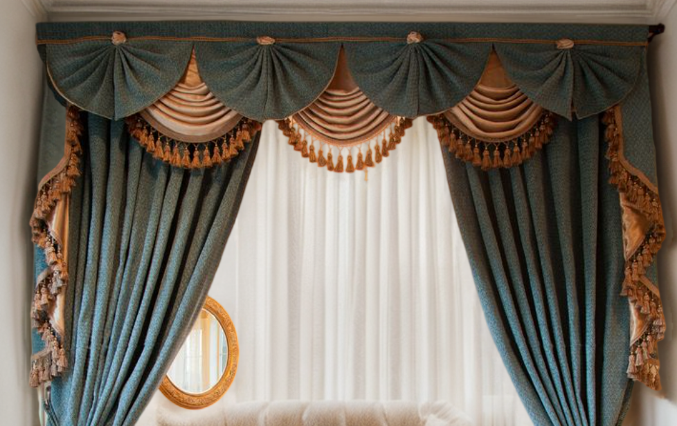 Rémy luxury fan style velvet valance - green and pink,Valance,Discover Curtains