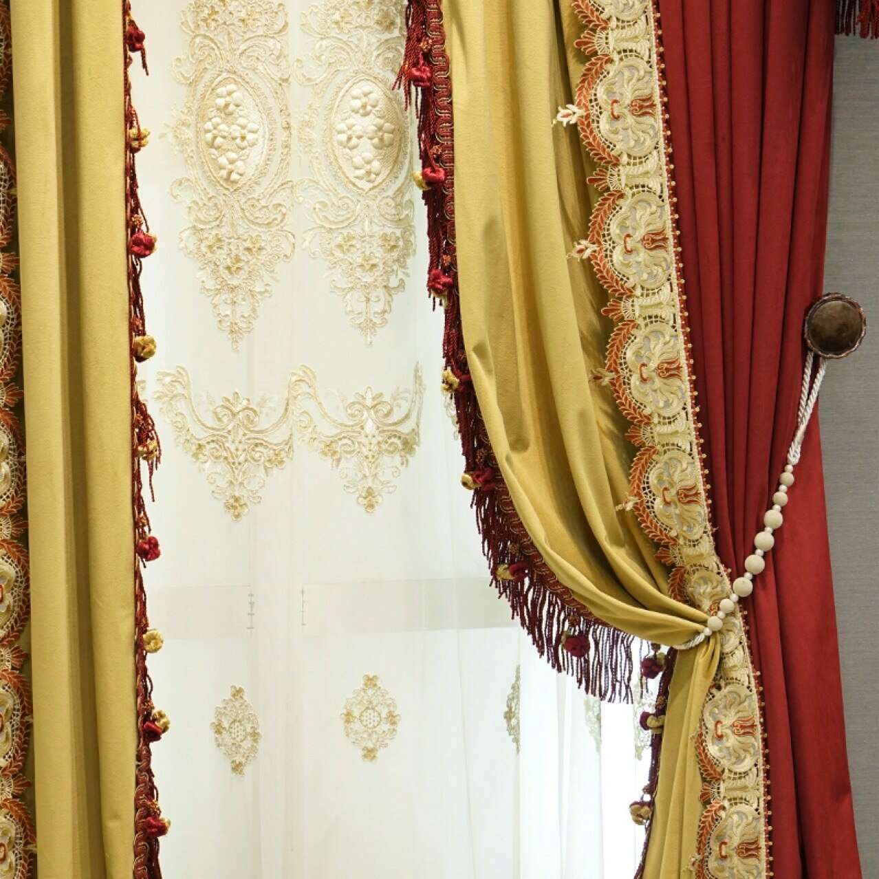 Annapolis French Designer Velvet Fringe Curtain - Red and Yellow,Velvet Curtains,Discover Curtains
