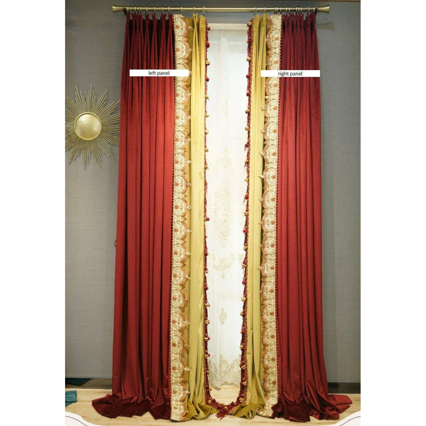 Annapolis French Designer Velvet Fringe Curtain - Red and Yellow,Velvet Curtains,Discover Curtains