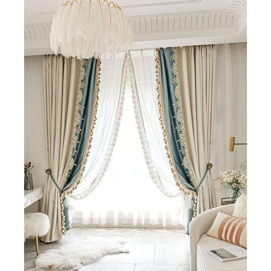 Annapolis French Luxury Designer Satin Curtain - Beige and Blue