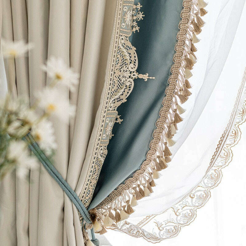 Annapolis French Luxury Designer Satin Curtain - Beige and Blue,Faux Silk Satin,Discover Curtains