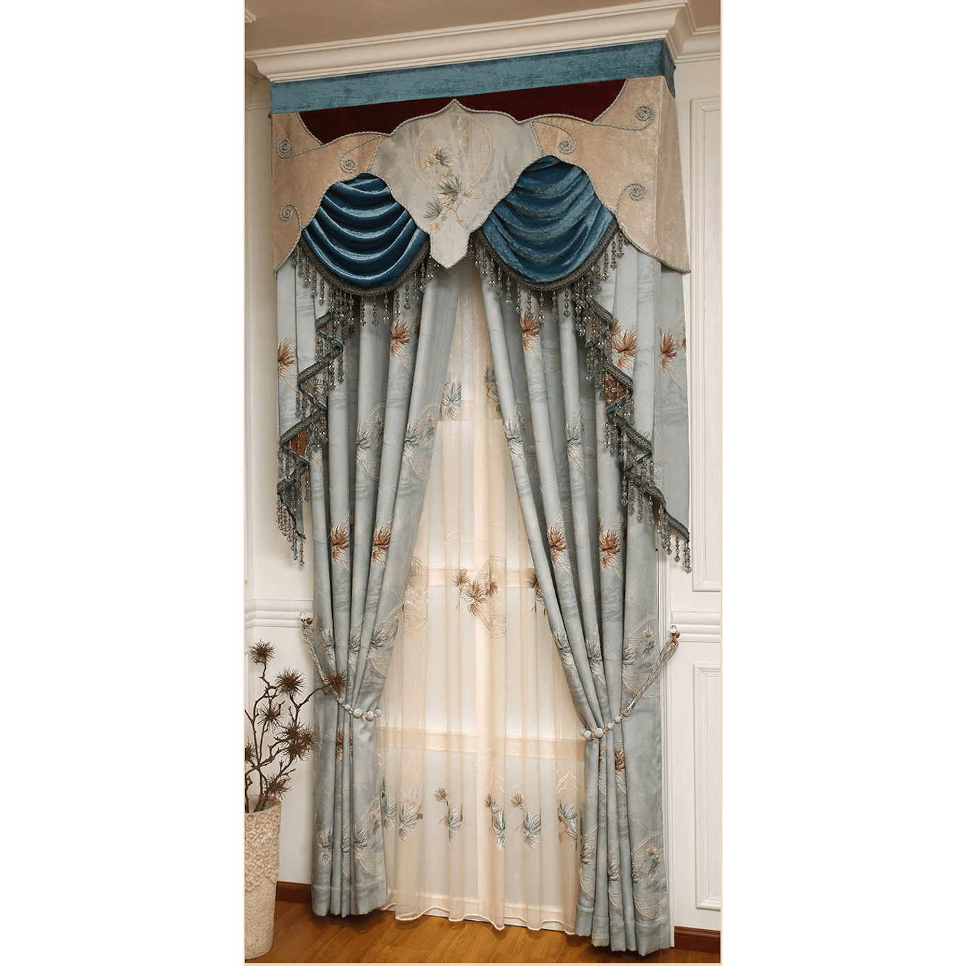Annapolis Luxury Valance - Floral Blue with Lace,Valance,Discover Curtains