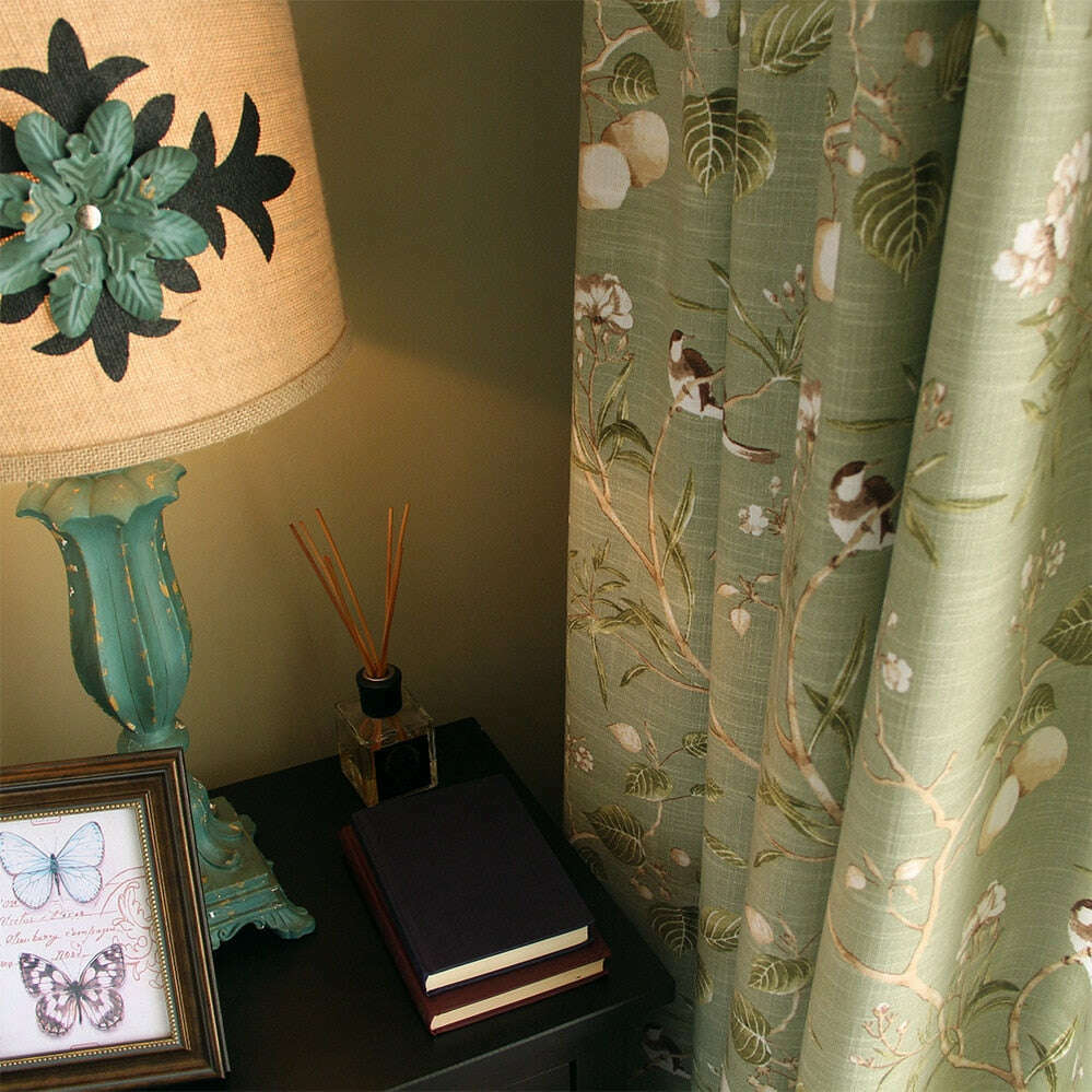 Astor Rideaux American Country Garden Birds Print Semi - Shading Curtains - Green,Linen Semi Sheer Curtain,Discover Curtains