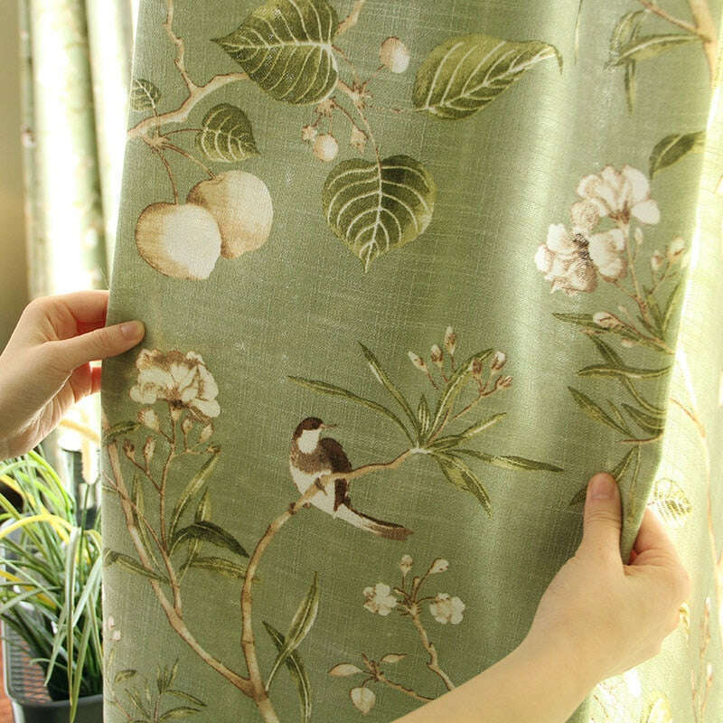 Astor Rideaux American Country Garden Birds Print Semi - Shading Curtains - Green,Linen Semi Sheer Curtain,Discover Curtains
