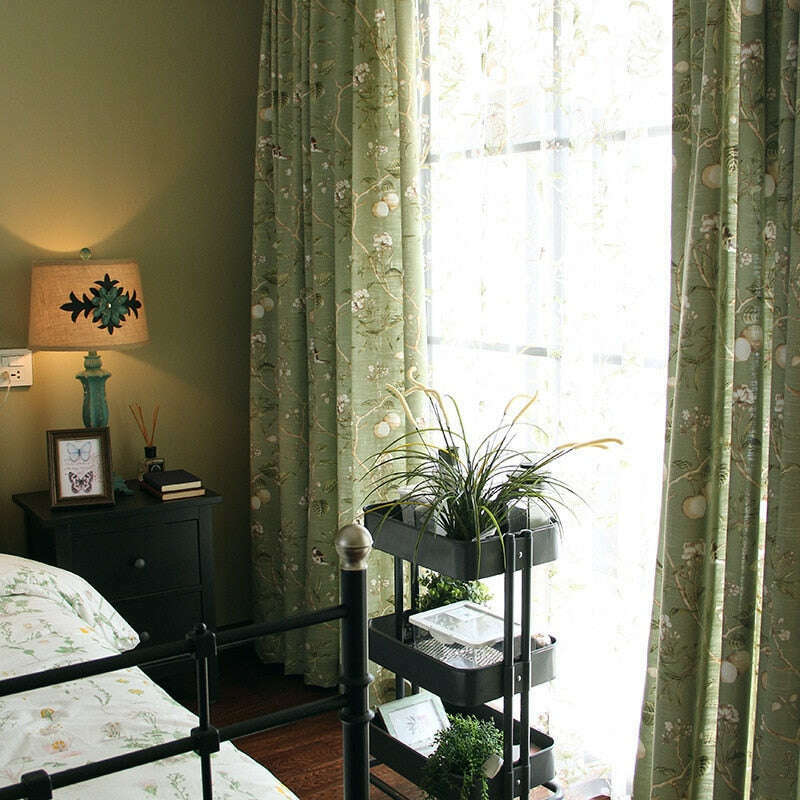 Astor Rideaux American Country Garden Birds Print Semi - Shading Curtains - Green,Linen Semi Sheer Curtain,Discover Curtains