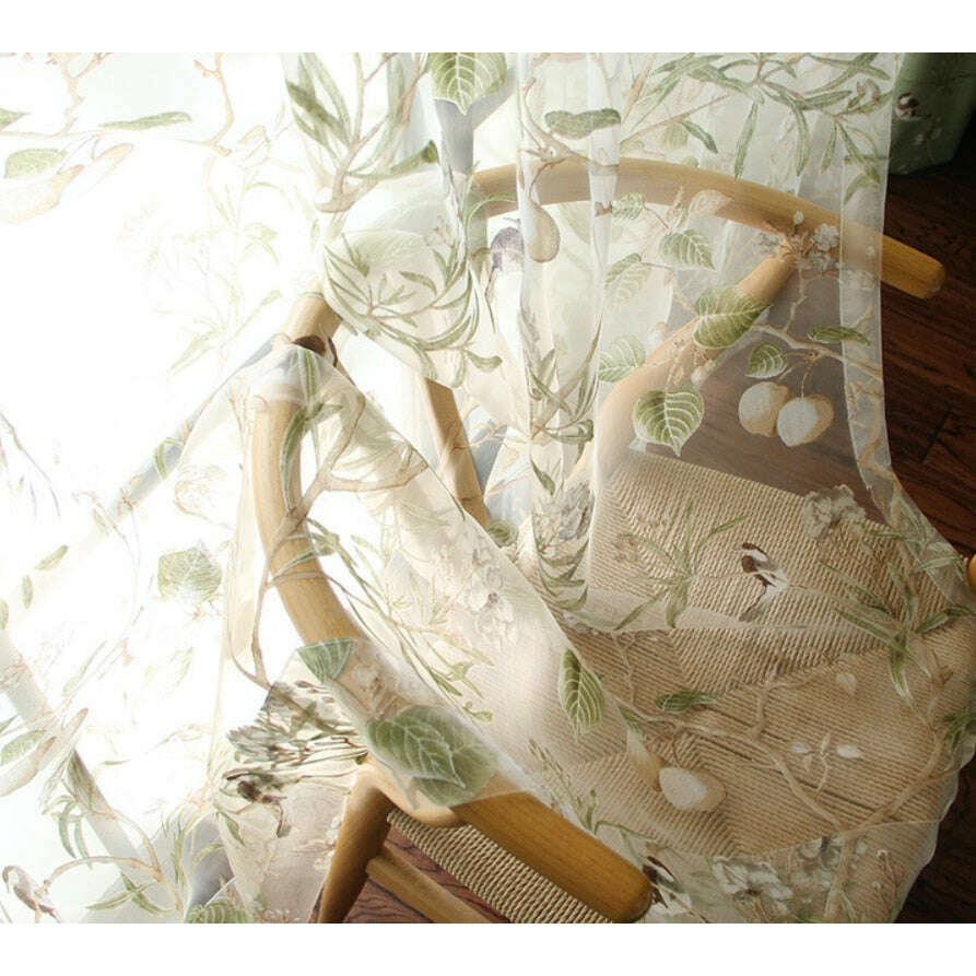 Astor Rideaux American Country Garden Birds Print Semi - Shading Curtains - Green,Linen Semi Sheer Curtain,Discover Curtains