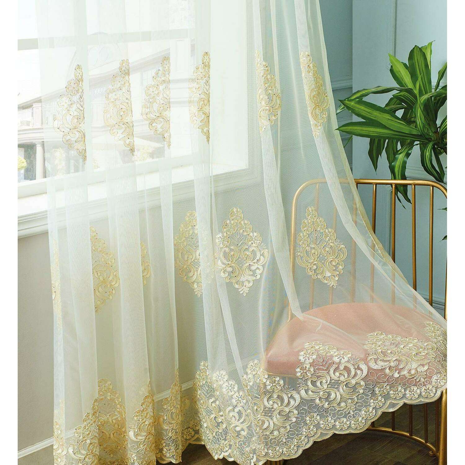 Brittany Gold Floral Embroidery Sheer Curtain,Sheer Curtains,Discover Curtains