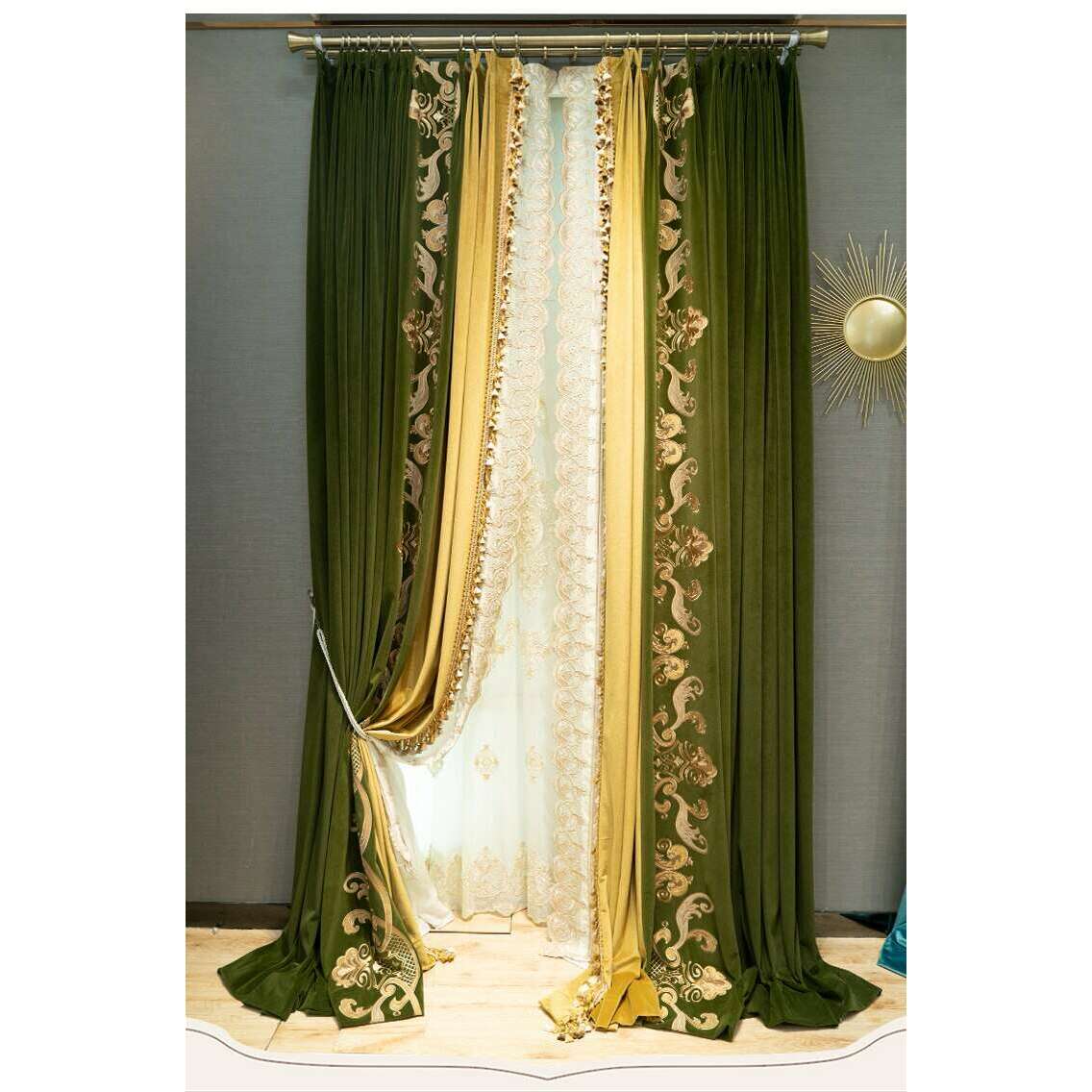 Brittany Luxury Designer Velvet Curtain - Lush Green & Yellow,Velvet Curtains,Discover Curtains