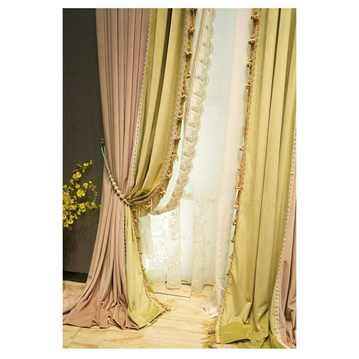 Brittany Luxury Princess Designer Velvet Curtain - Pink & Yellow,Velvet Curtains,Discover Curtains