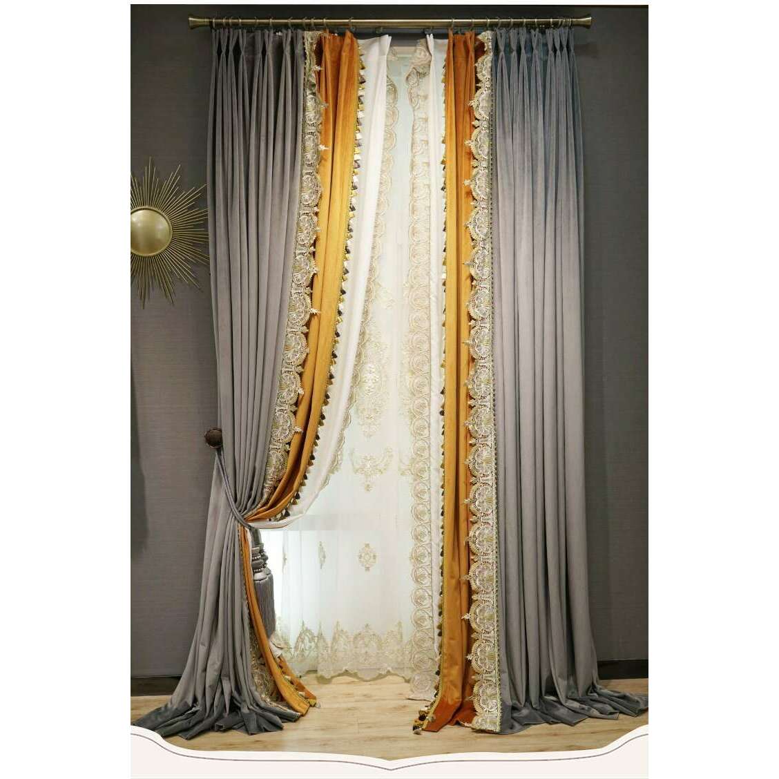 Brittany Luxury Royal Lace Designer Velvet Curtain - Gray & Orange,Velvet Curtains,Discover Curtains