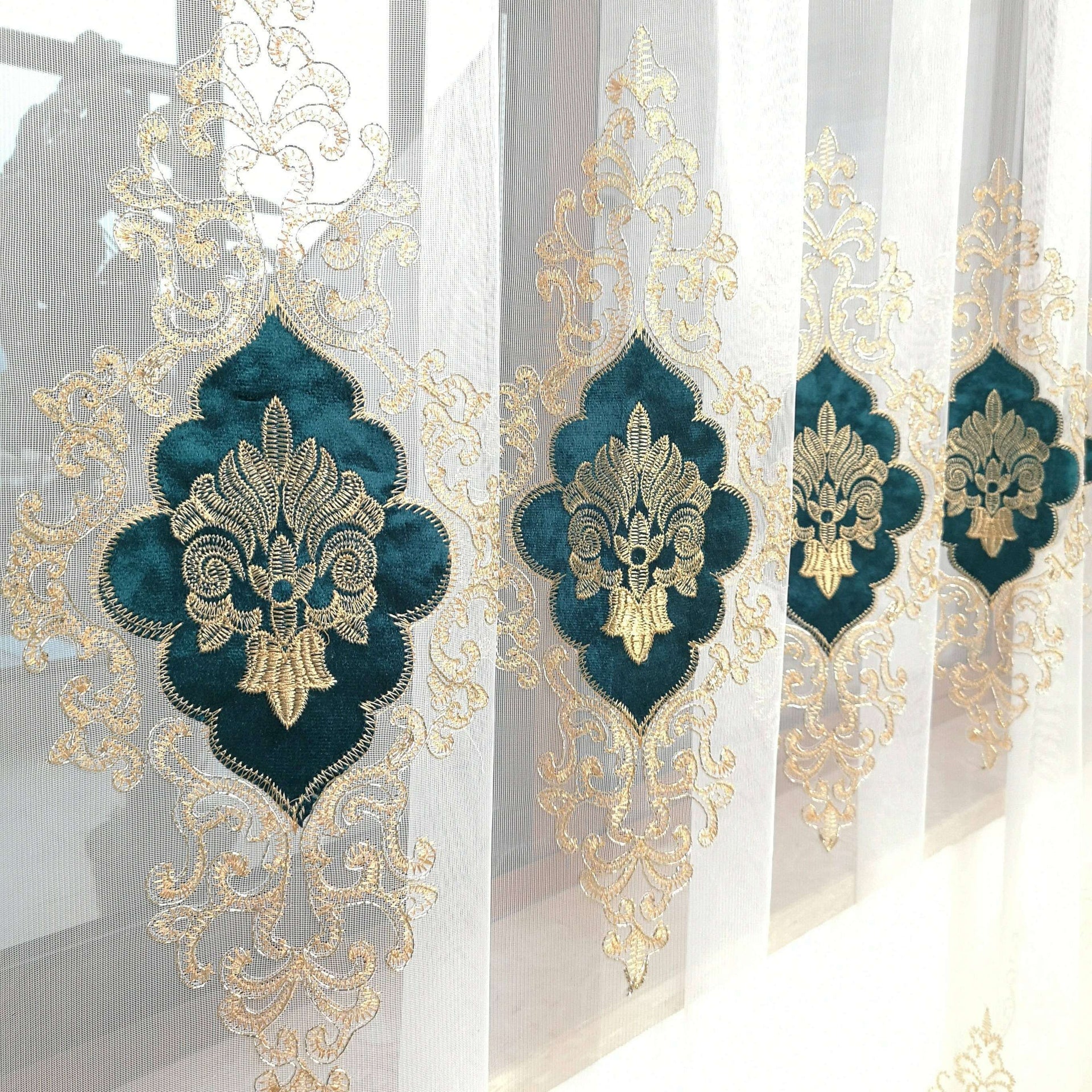 Brittany Velvet  Embroidered  White Sheer - Teal,Sheer Curtains,Discover Curtains