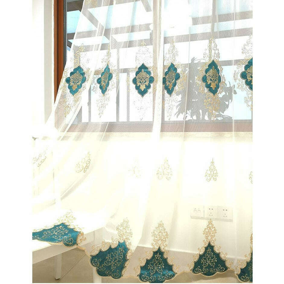Brittany Velvet  Embroidered  White Sheer - Teal,Sheer Curtains,Discover Curtains