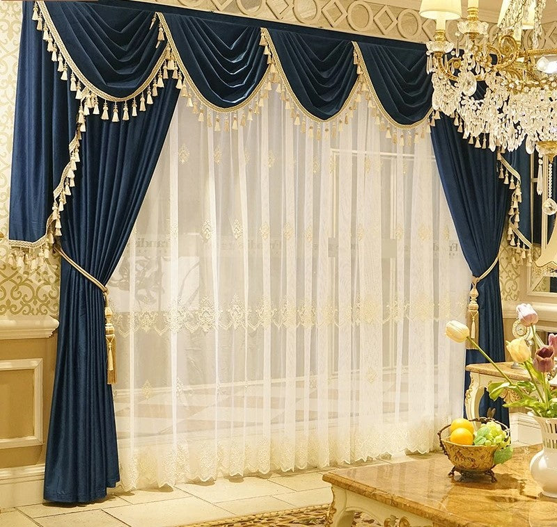 Mila Classic Plain Velvet Valance With White Lace - Dark Blue,Valance,Discover Curtains