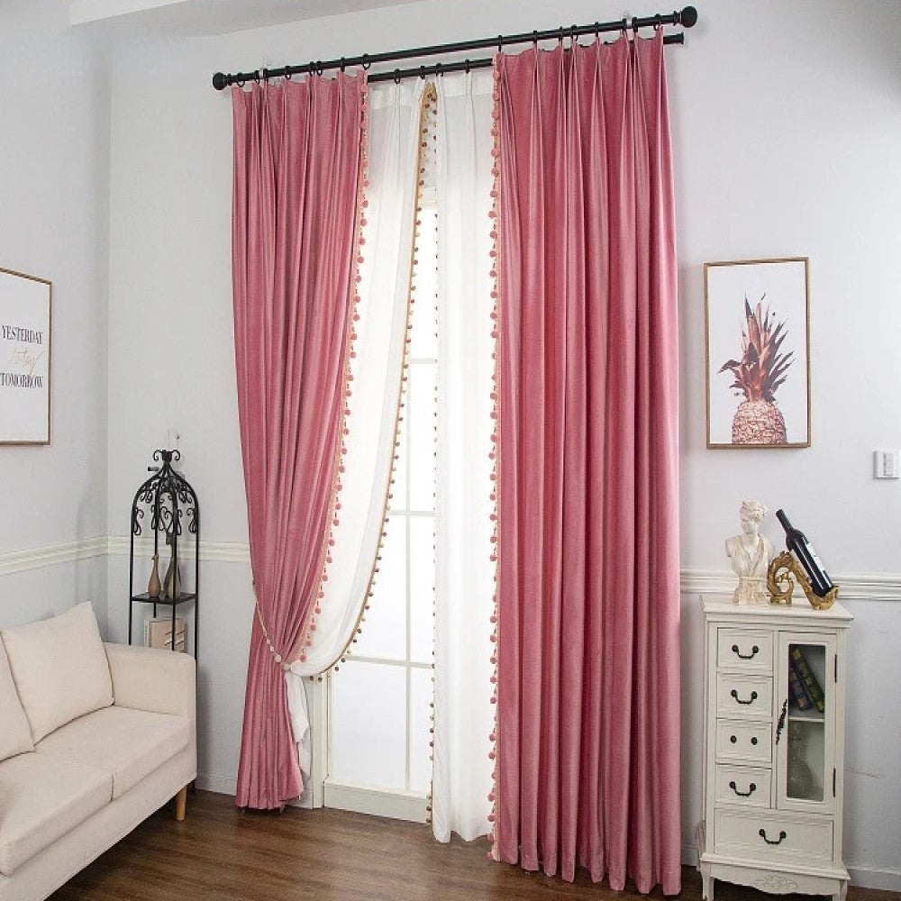 Rémy Luxury European Pompom Lace Velvet Curtains - Pink