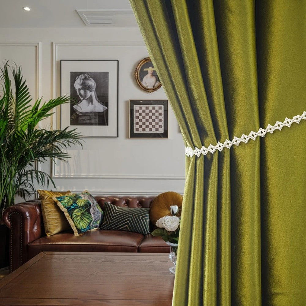 Mila Luxury Plain Italian Velvet Curtain - Olive Green