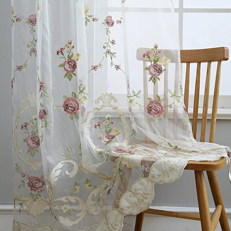 Rémy luxury pink floral embroidered sheer curtains - White,Sheer Curtains,Discover Curtains