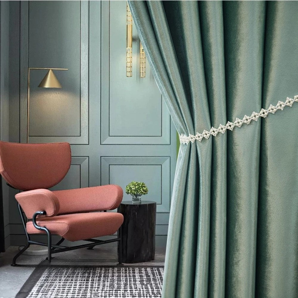 Mila Luxury Plain Italian Velvet Curtain - Sea Green,Velvet Curtains,Discover Curtains