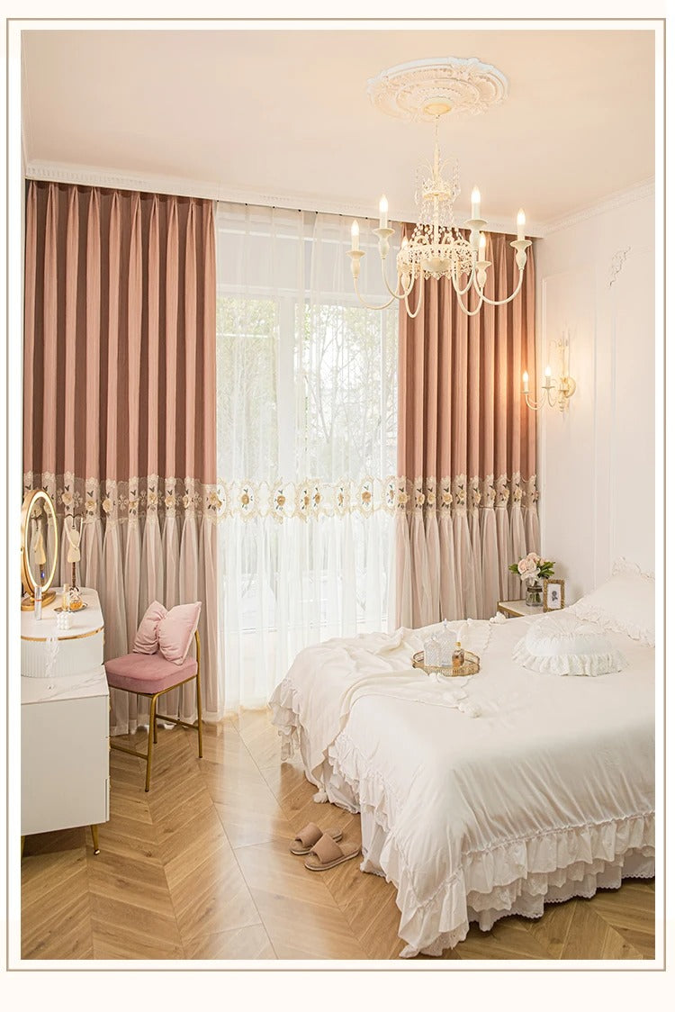 Mila Luxury Bottom Veil Style Sheer Over Blackout Curtain Pink