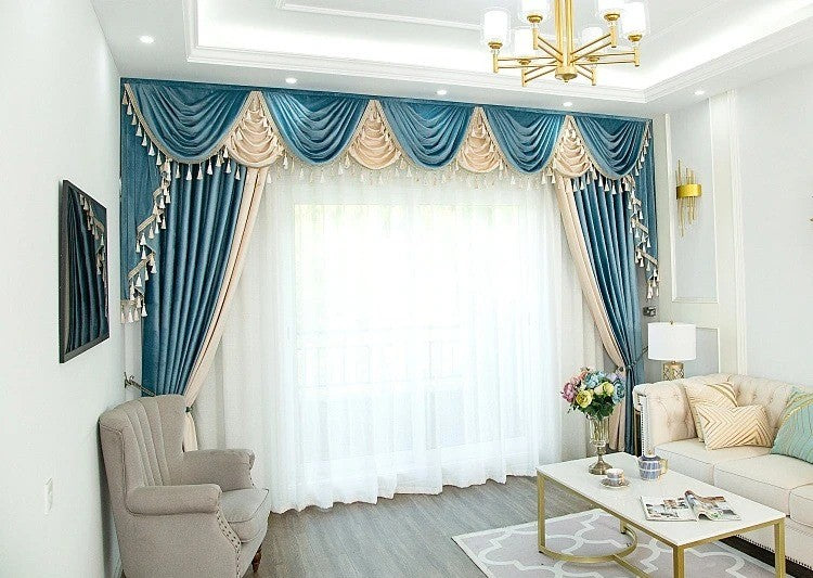Mila Classic Velvet Valance With White Lace - Light Blue and White,Valance,Discover Curtains