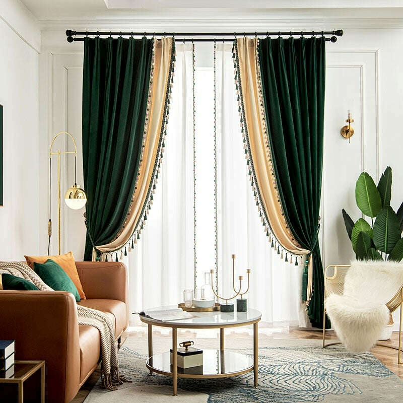 Ethan American Spliced Luxury Velvet Curtains: Green-Pearl,Velvet Curtains,Discover Curtains
