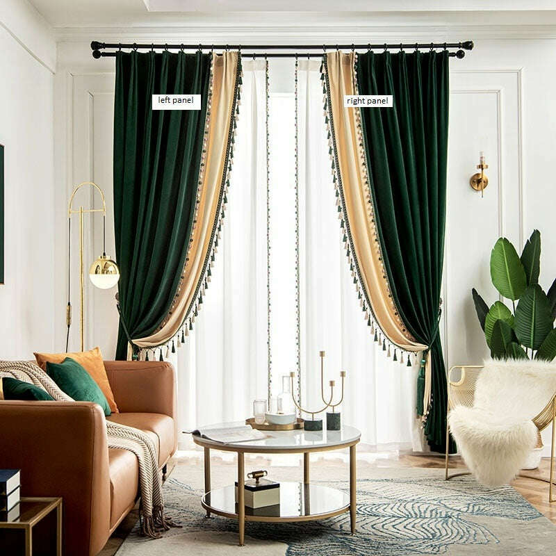 Ethan American Spliced Luxury Velvet Curtains: Green-Pearl,Velvet Curtains,Discover Curtains