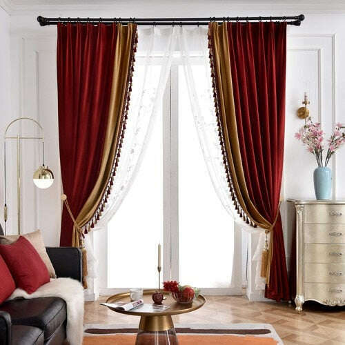 Ethan American Spliced Luxury Velvet Curtains: Red-Beige,Velvet Curtains,Discover Curtains