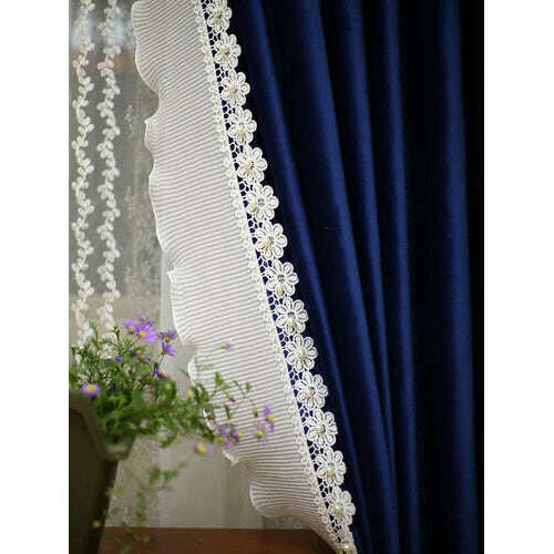 Ethan Floral Lace Velvet Luxury Curtain - Navy Blue,Velvet Curtains,Discover Curtains