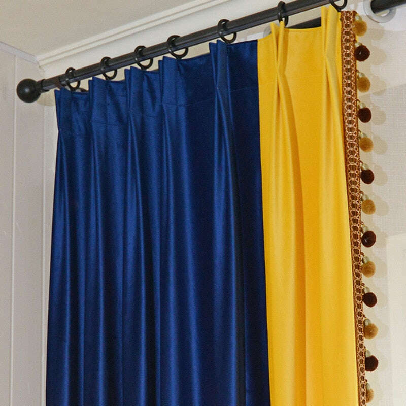 Ethan Spliced Luxury Velvet Curtain - Blue and Yellow,Velvet Curtains,Discover Curtains