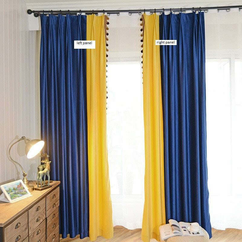Ethan Spliced Luxury Velvet Curtain - Blue and Yellow,Velvet Curtains,Discover Curtains
