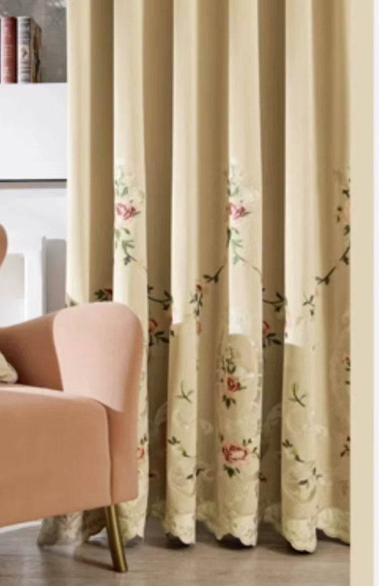 Rémy Luxury Velvet Embroidered Curtains - Beige