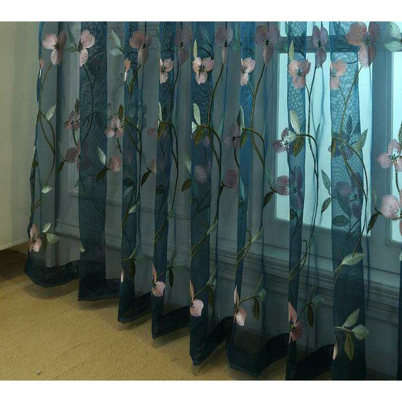 Jason Floral Embroidered Sheer Curtain - Red / Teal / White,Sheer Curtains,Discover Curtains