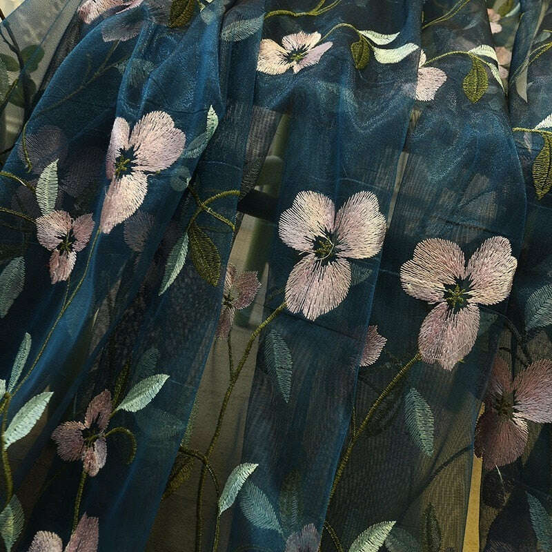 Jason Floral Embroidered Sheer Curtain - Red / Teal / White,Sheer Curtains,Discover Curtains
