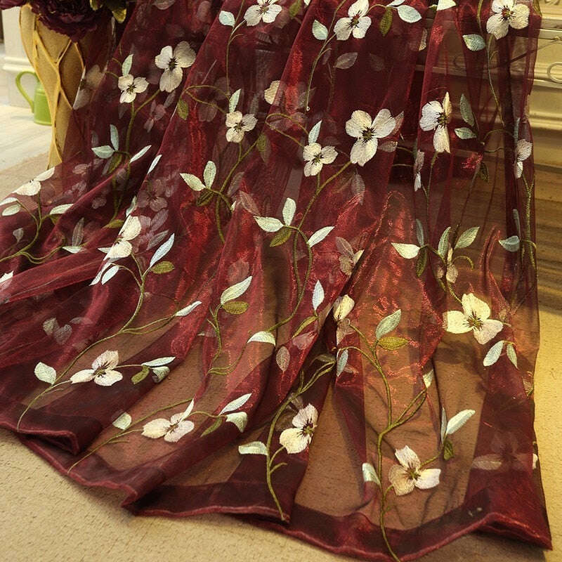 Jason Floral Embroidered Sheer Curtain - Red / Teal / White,Sheer Curtains,Discover Curtains