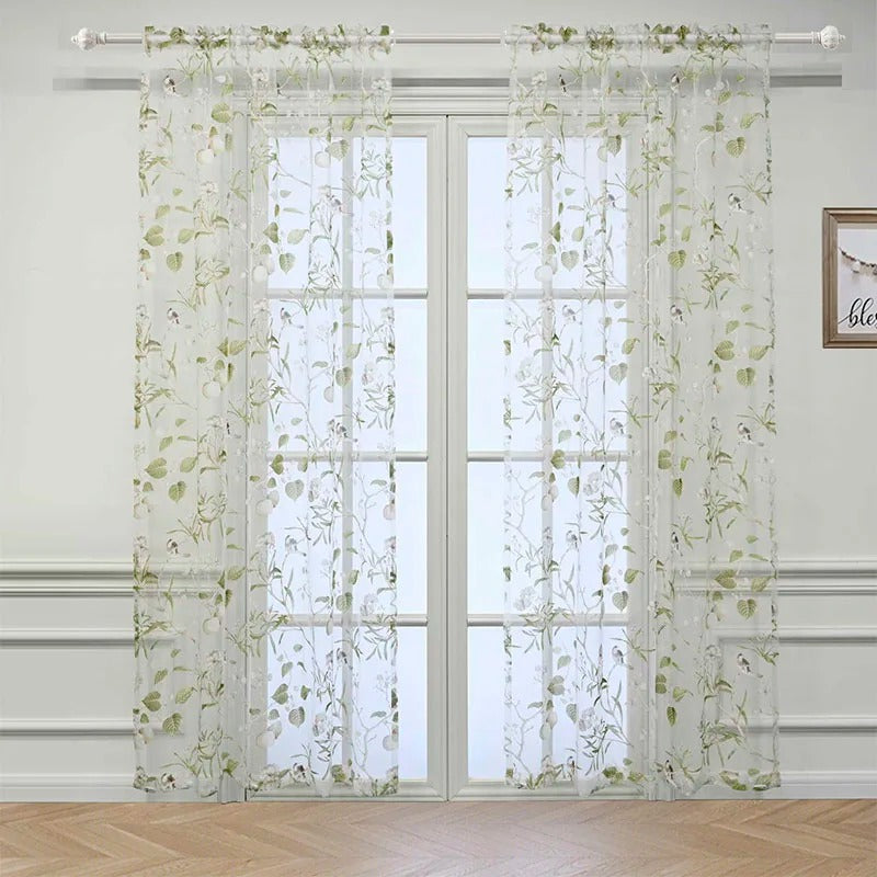 Astor Rideaux American Country Garden Birds Print Semi - Shading Curtains - Green,Linen Semi Sheer Curtain,Discover Curtains