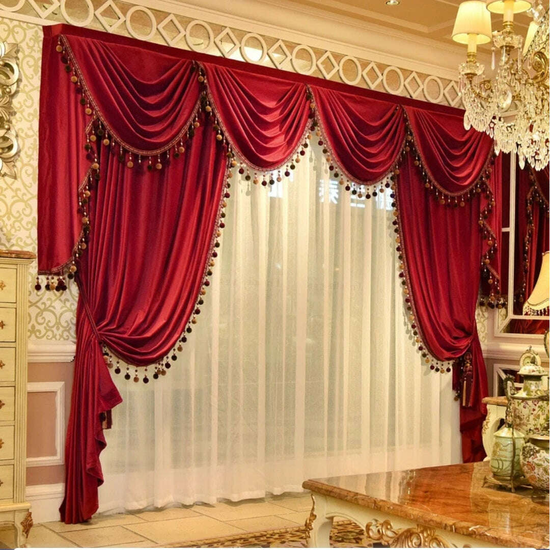 Mila Classic Velvet Curtain With Pompom lace - Red,Velvet Curtains,Discover Curtains