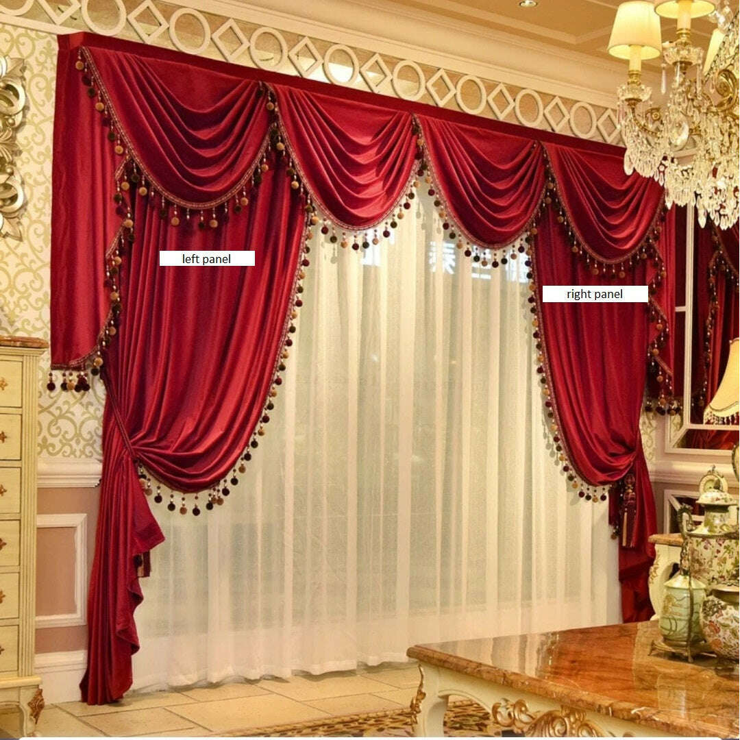 Mila Classic Velvet Curtain With Pompom lace - Red