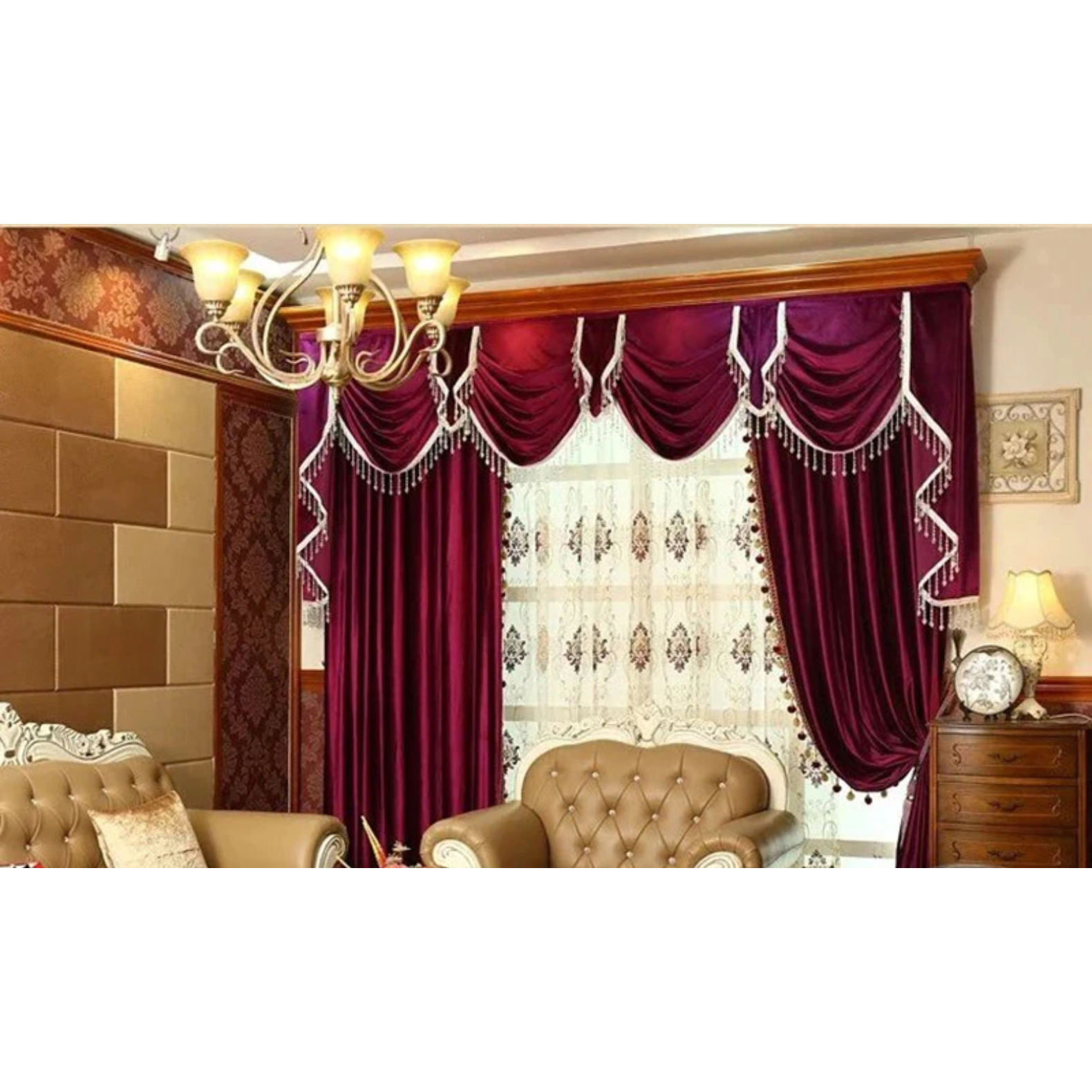 Mila Haute Couture Italian Velvet  Curtain With Pompom Lace - Burgandy Wine,Velvet Curtains,Discover Curtains