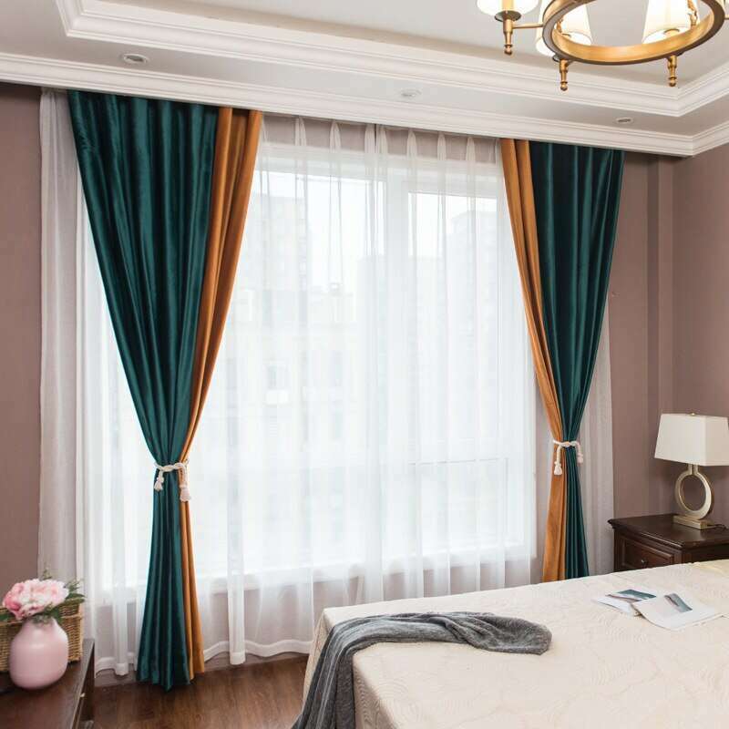 Mila Luxury Dutch Velvet Spliced Curtains - Orange Green,Velvet Curtains,Discover Curtains