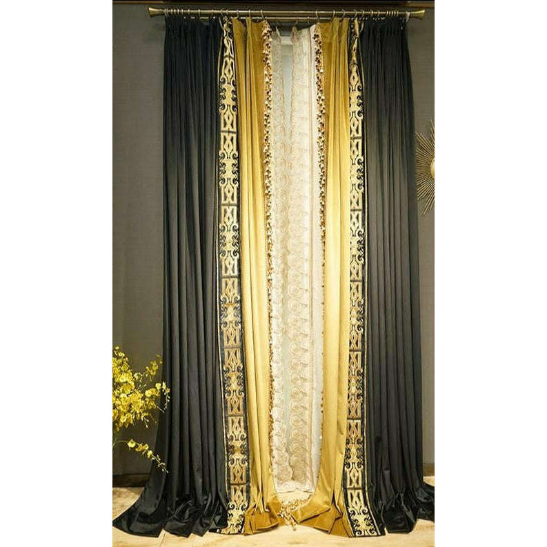 Mila Luxury Retro Velvet Designer Curtains - Black and Yellow,Velvet Curtains,Discover Curtains