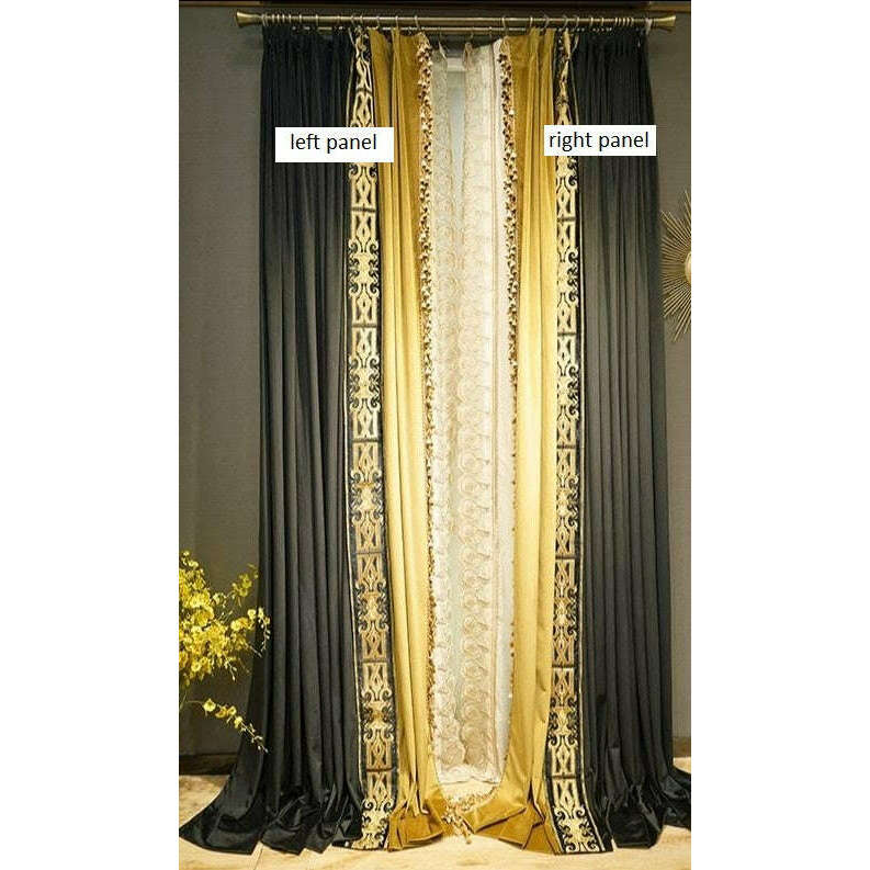 Mila Luxury Retro Velvet Designer Curtains - Black and Yellow,Velvet Curtains,Discover Curtains