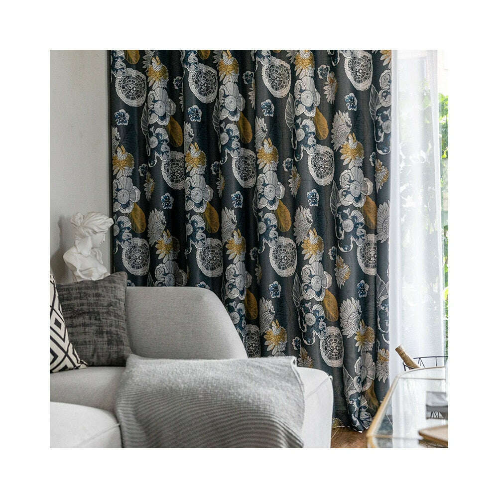 Rémy Black Botanical Floral Print Curtains,Print Polyester,Discover Curtains