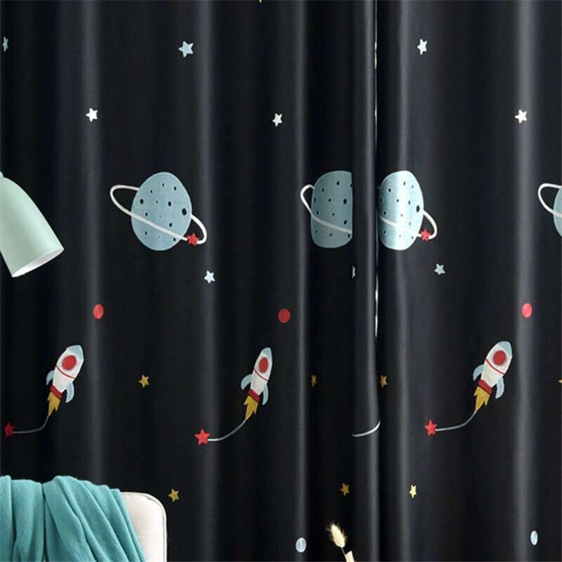 Rémy Cartoon Spaceship Blackout Curtains for Kids - Black,Print Polyester,Discover Curtains