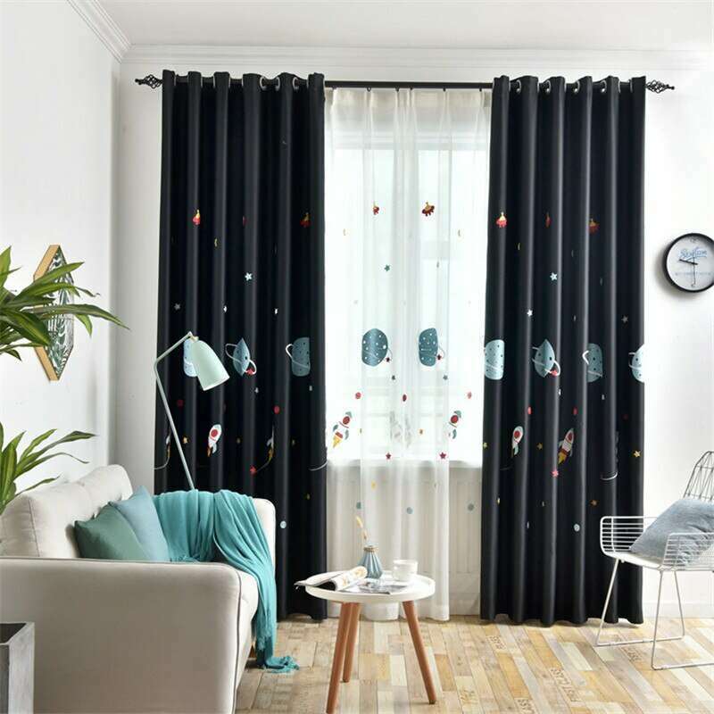Rémy Cartoon Spaceship Blackout Curtains for Kids - Black,Print Polyester,Discover Curtains