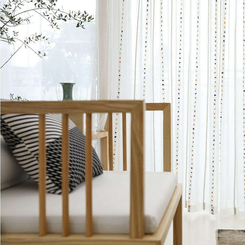 Rémy Colorful String Stitched Sheer Curtains - White,Sheer Curtains,Discover Curtains