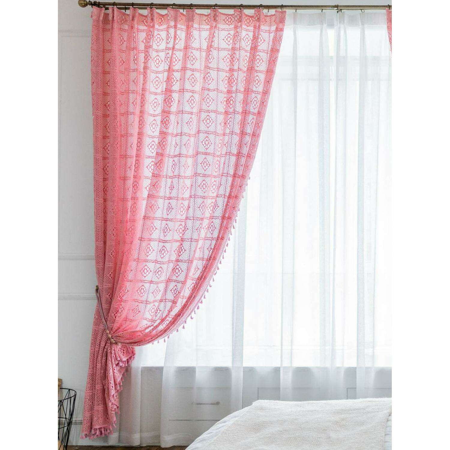 Rémy Crochet Sheer Curtains - Green / Pink,Sheer Curtains,Discover Curtains