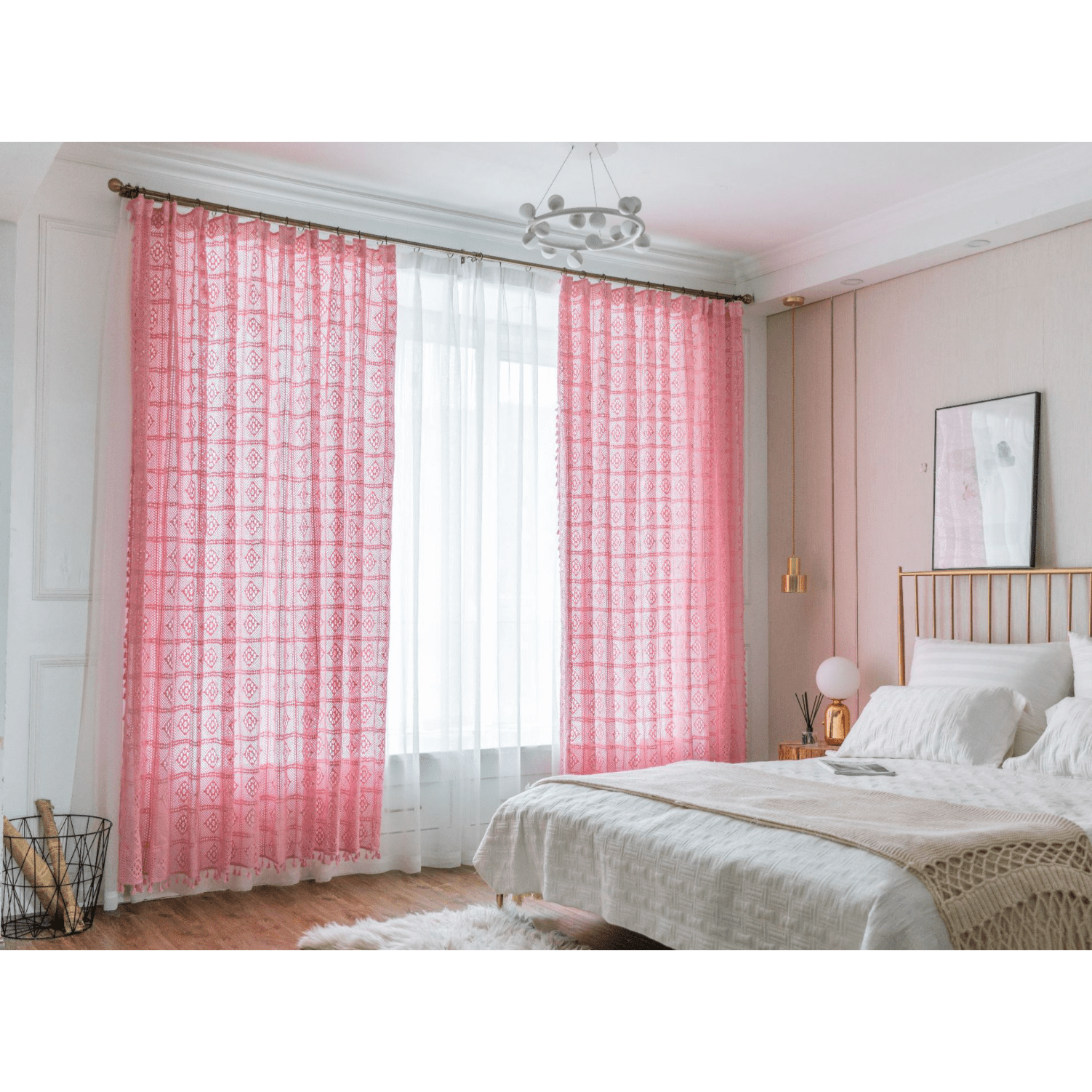 Rémy Crochet Sheer Curtains - Green / Pink