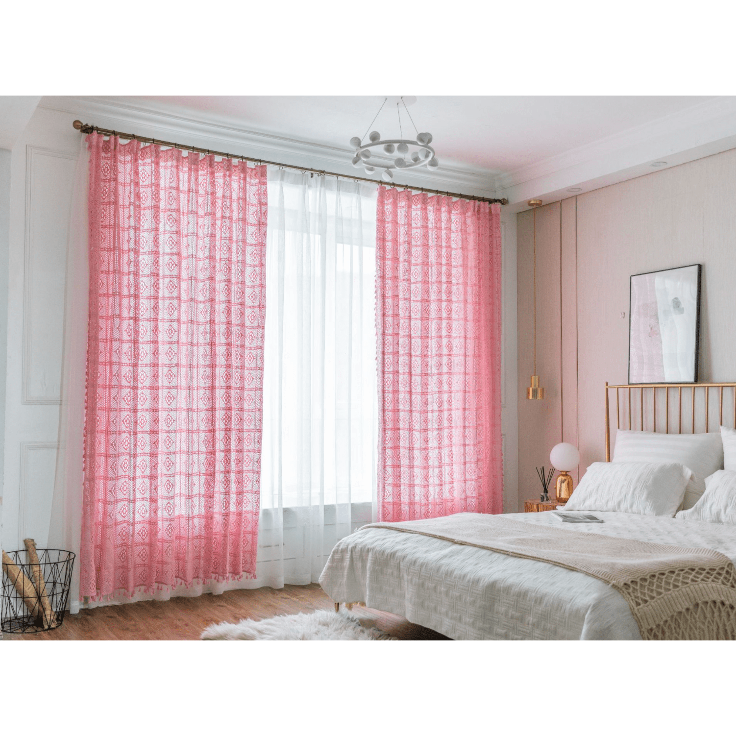 Rémy Crochet Sheer Curtains - Green / Pink,Sheer Curtains,Discover Curtains