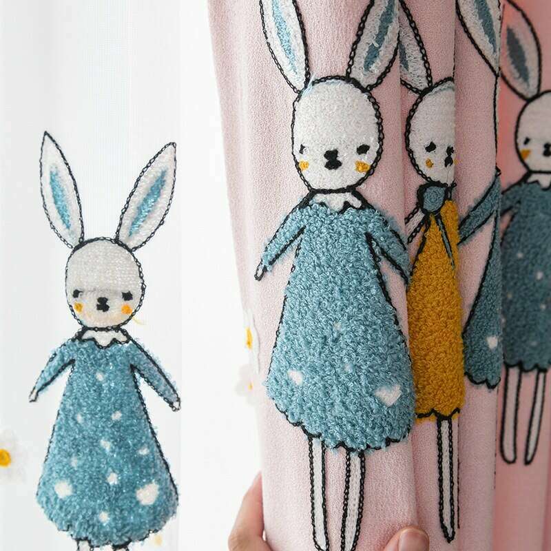 Rémy Embroidered Rabbit / Bunny Curtains - Pink,Chenille Curtain,Discover Curtains