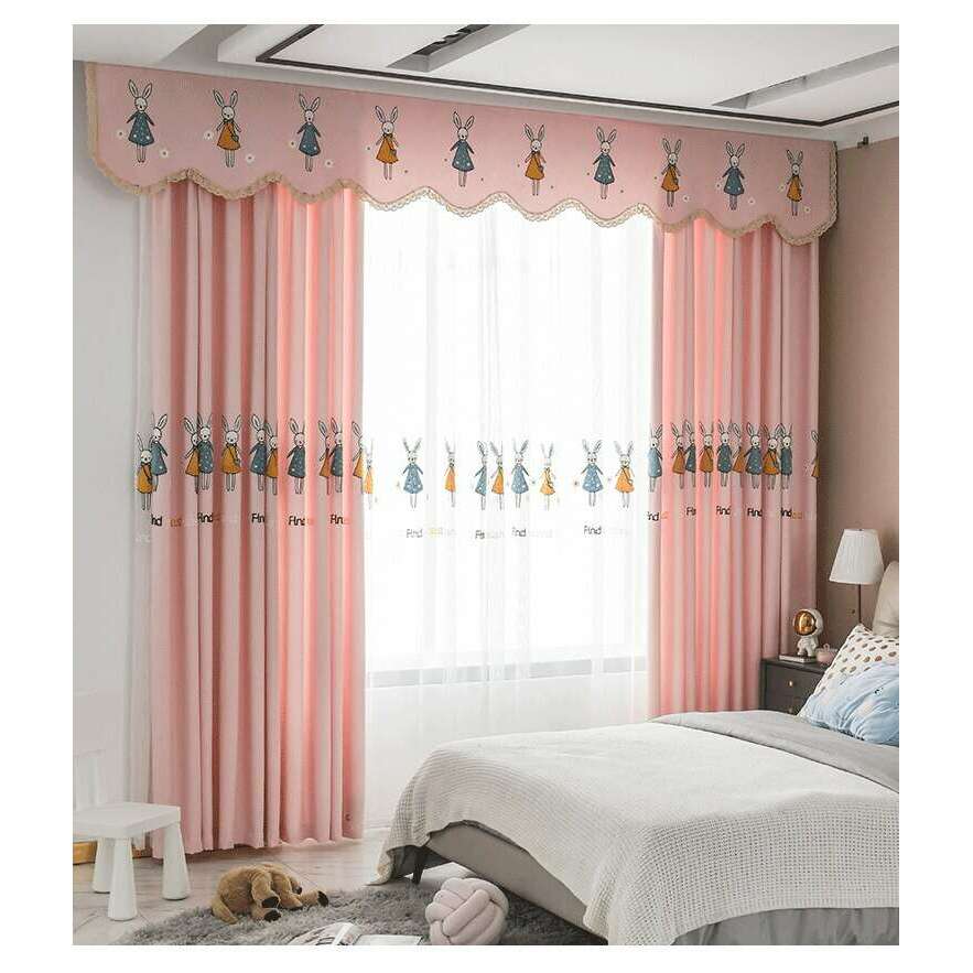 Rémy Embroidered Rabbit / Bunny Curtains - Pink,Chenille Curtain,Discover Curtains