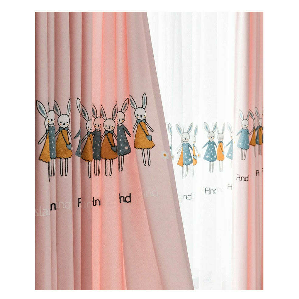 Rémy Embroidered Rabbit / Bunny Curtains - Pink,Chenille Curtain,Discover Curtains